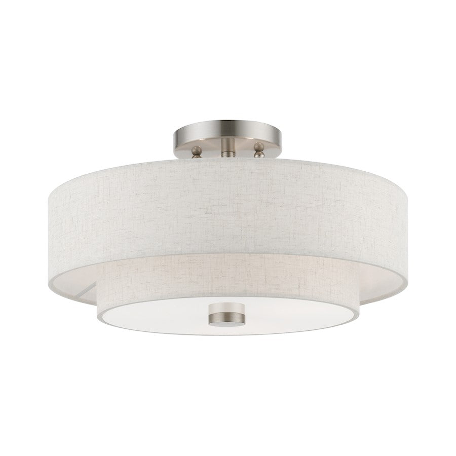 Livex Meridian 3 Light Semi-Flush, Nickel/Oatmeal/White Fabric - 51084-91