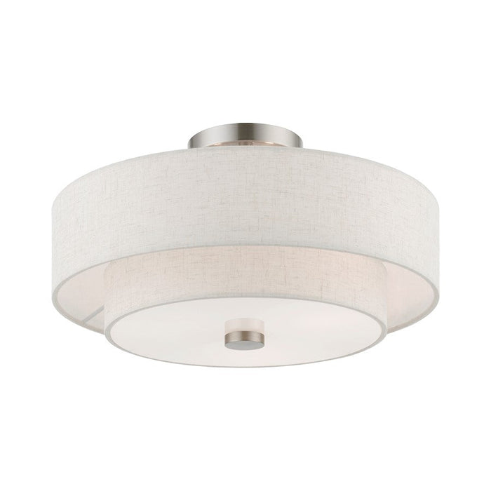 Livex Meridian Semi-Flush, Nickel/Oatmeal/White Fabric