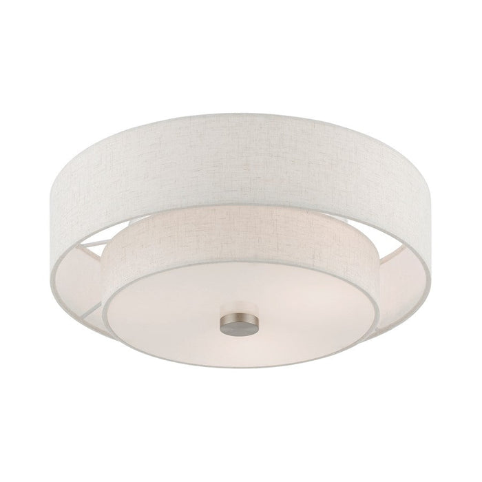 Livex Meridian Semi-Flush, Nickel/Oatmeal/White Fabric