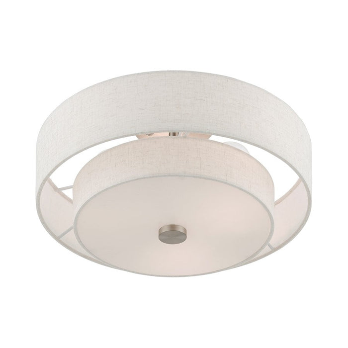 Livex Meridian Semi-Flush, Nickel/Oatmeal/White Fabric