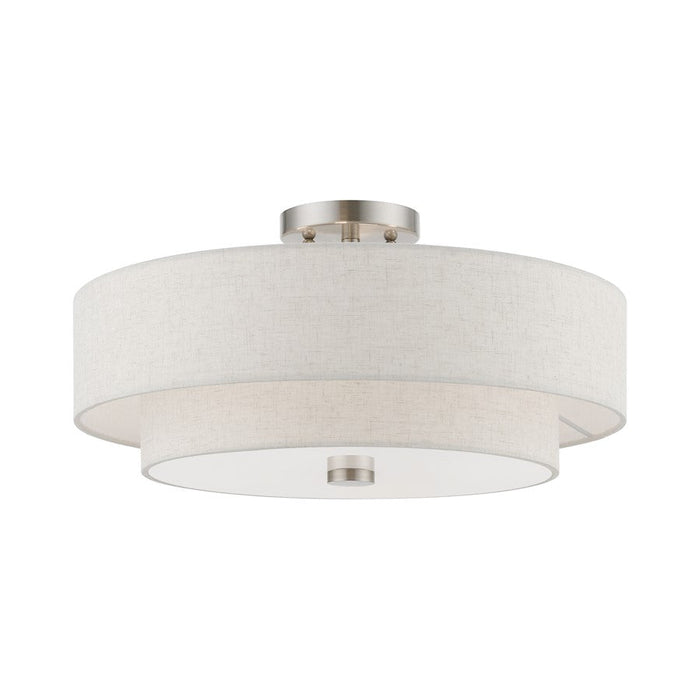 Livex Meridian 4 Light Semi-Flush, Nickel/Oatmeal/White Fabric - 51085-91