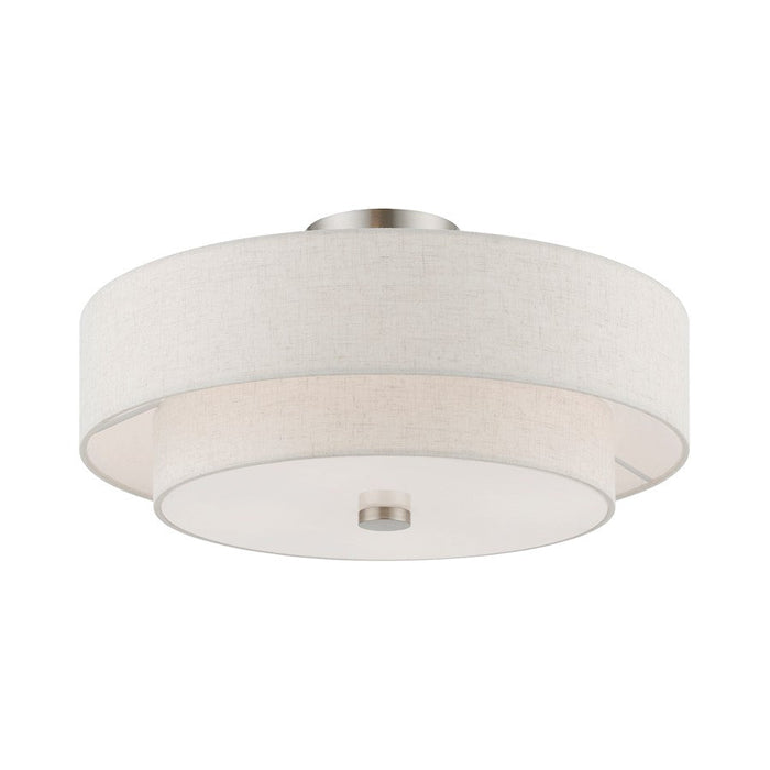 Livex Meridian Semi-Flush, Nickel/Oatmeal/White Fabric