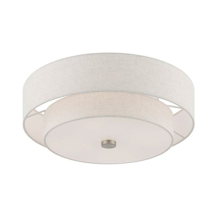 Livex Meridian Semi-Flush, Nickel/Oatmeal/White Fabric