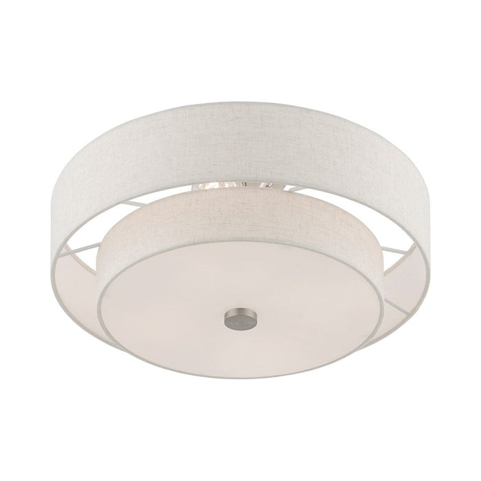 Livex Meridian Semi-Flush, Nickel/Oatmeal/White Fabric