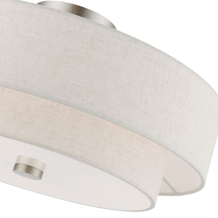 Livex Meridian Semi-Flush, Nickel/Oatmeal/White Fabric