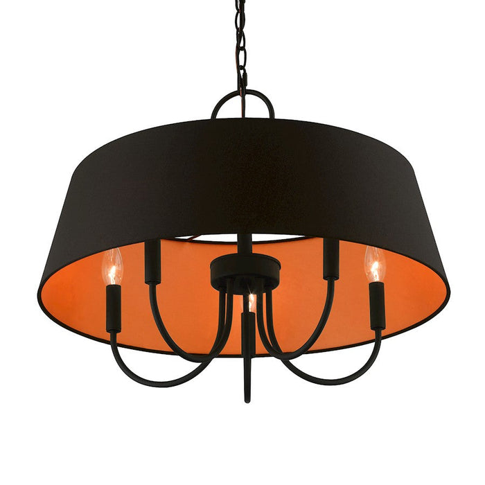 Livex Palma 5 Light Pendant Chandelier, Black/Orange Fabric