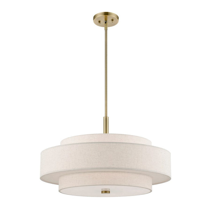 Livex Monroe Pendant Chandelier, Brass/Oatmeal/White Fabric