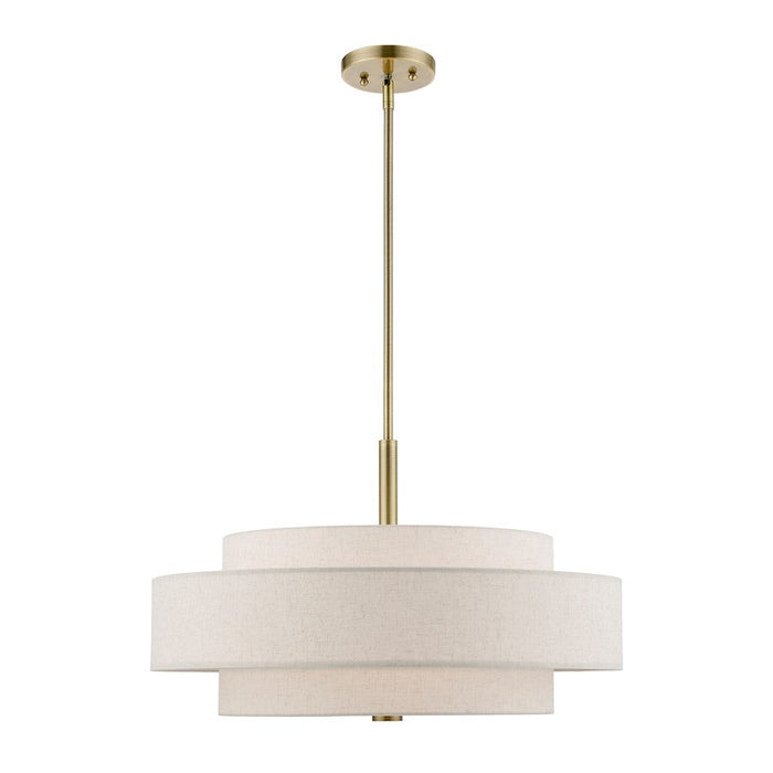 Livex Monroe Pendant Chandelier, Brass/Oatmeal/White Fabric