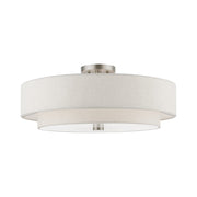Livex Meridian 5 Light Semi-Flush, Nickel/Oatmeal Fabric/White Fabric - 52139-91