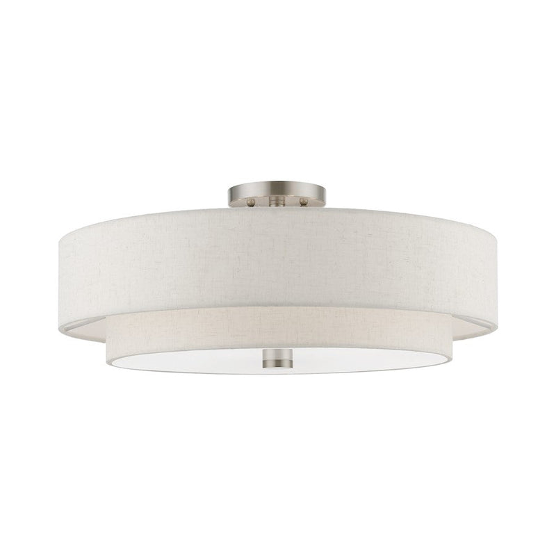 Livex Meridian 5 Light Semi-Flush, Nickel/Oatmeal Fabric/White Fabric - 52139-91