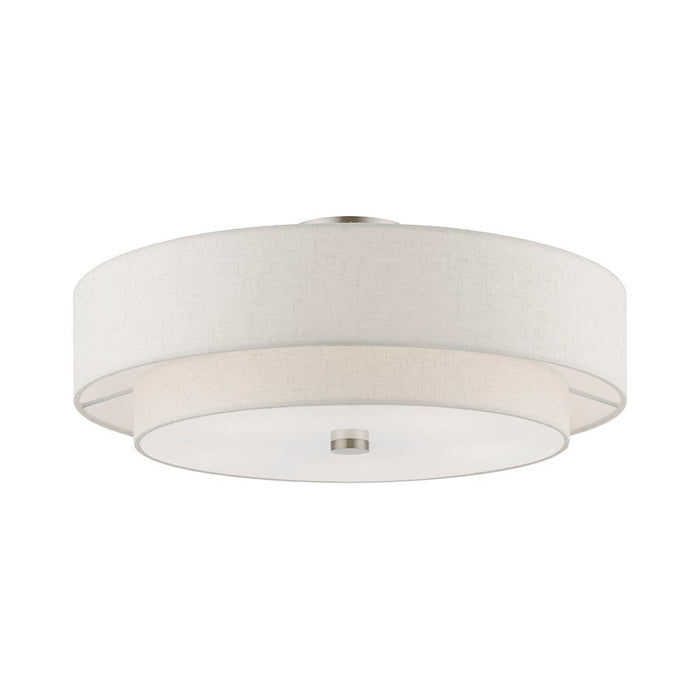 Livex Meridian 5 Light Semi-Flush, Nickel/Oatmeal Fabric/White Fabric