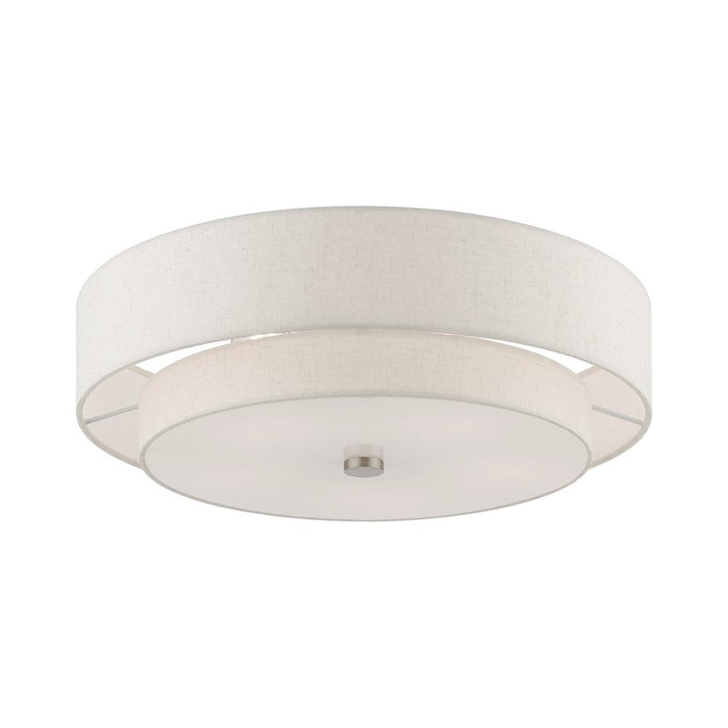 Livex Meridian 5 Light Semi-Flush, Nickel/Oatmeal Fabric/White Fabric