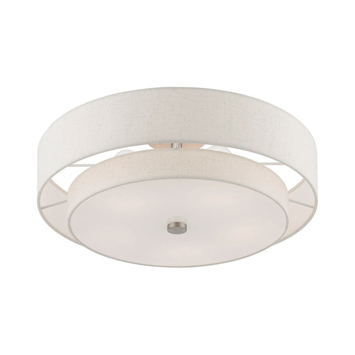 Livex Meridian 5 Light Semi-Flush, Nickel/Oatmeal Fabric/White Fabric