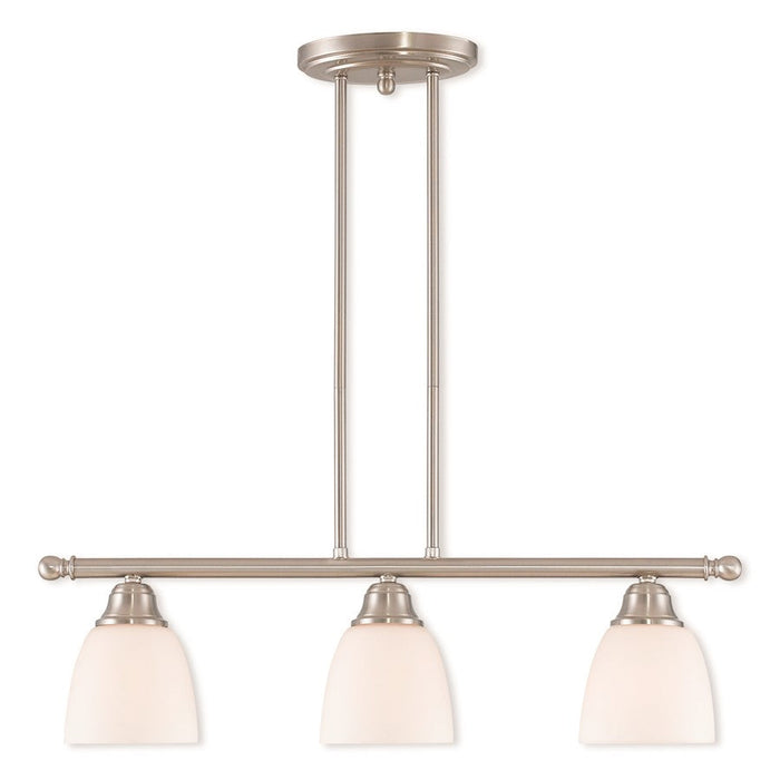 Livex Somerville 3 Light Linear Chandelier, Nickel/Satin Opal White - 53854-91