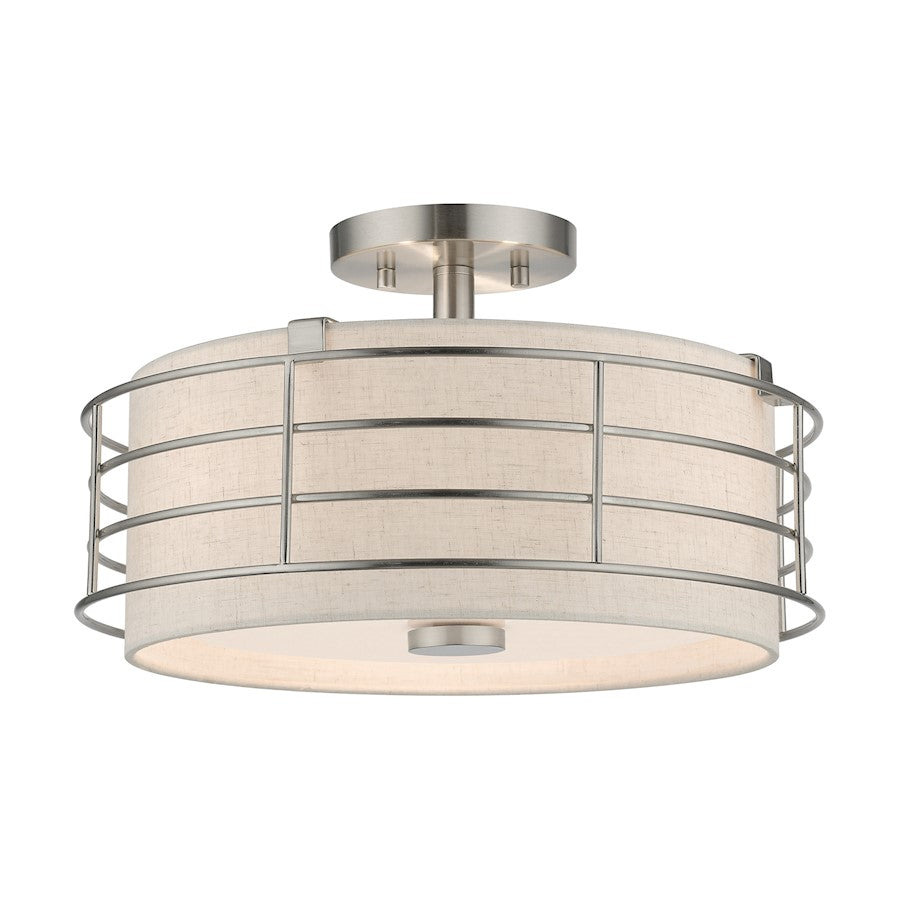 Livex Blanchard 3 Light Large Semi-Flush Mount, Nickel/Oatmeal - 55118-91