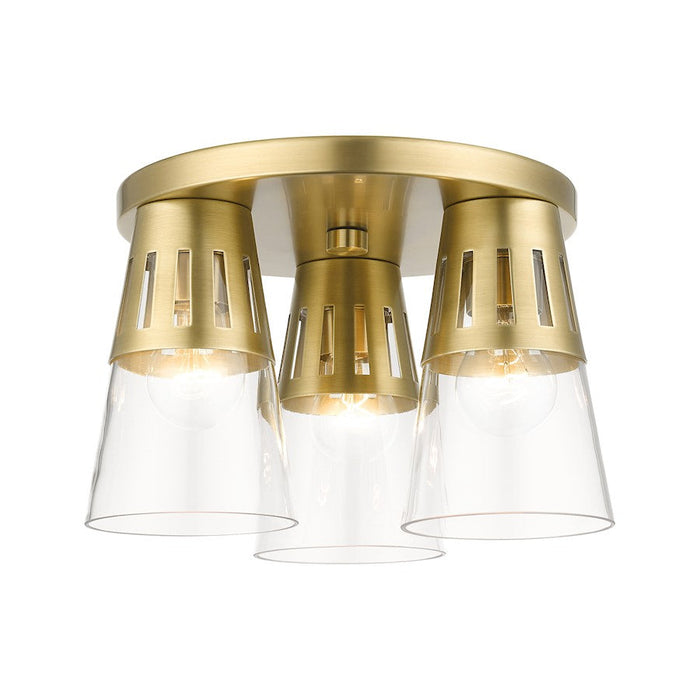 Livex Bennington 3 Light Flush Mount, Natural Brass/Clear - 56454-08