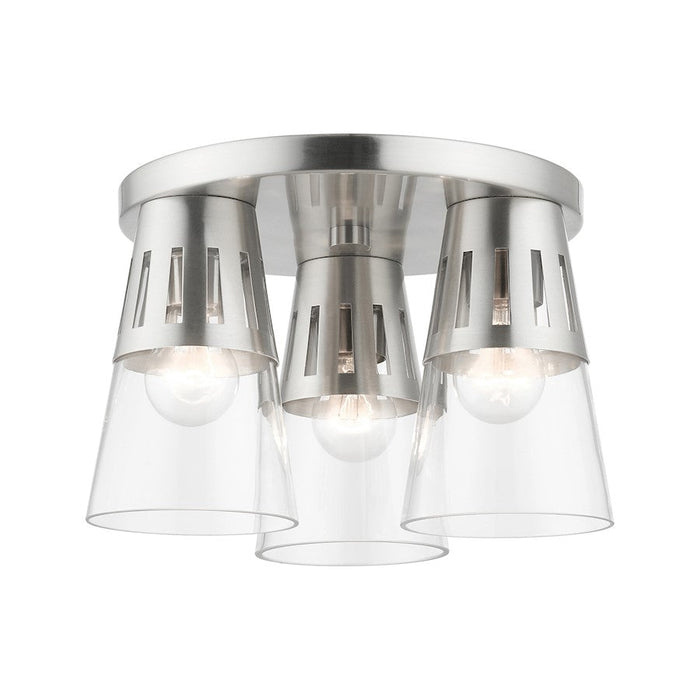 Livex Bennington 3 Light Flush Mount, Nickel/Clear - 56454-91