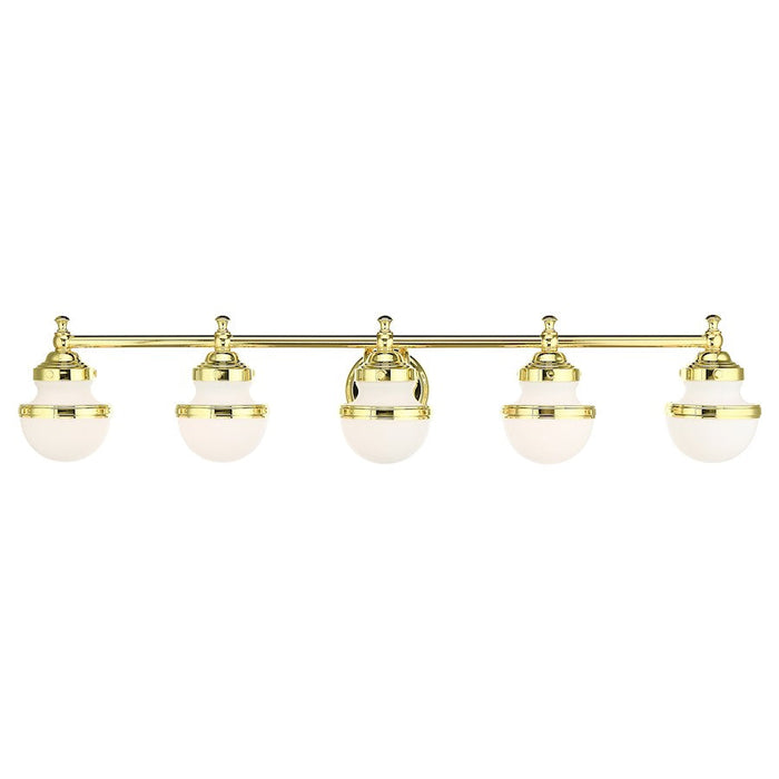 Livex Oldwick 5 Light Vanity Sconce, Brass/Hand Blown Satin Opal White - 5715-02