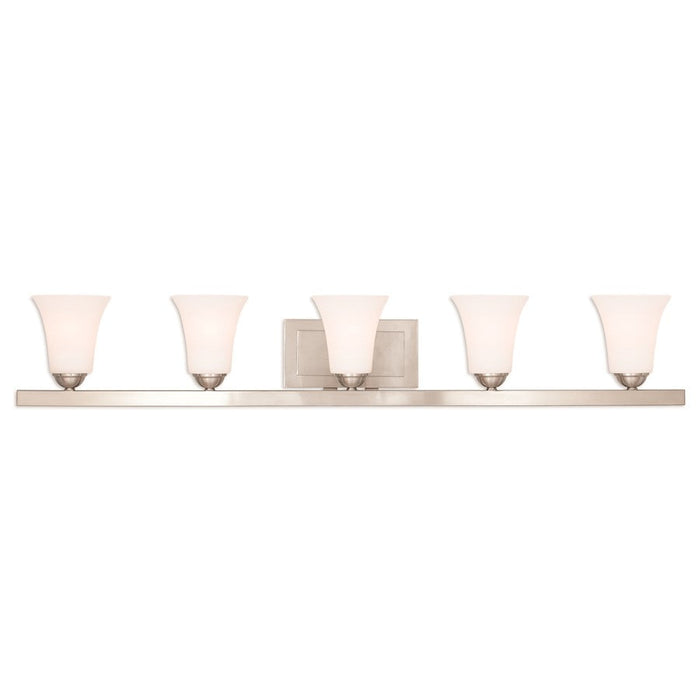 Livex Ridgedale 5 Light Bath Vanity, Nickel/Satin Opal White Glass - 6485-91