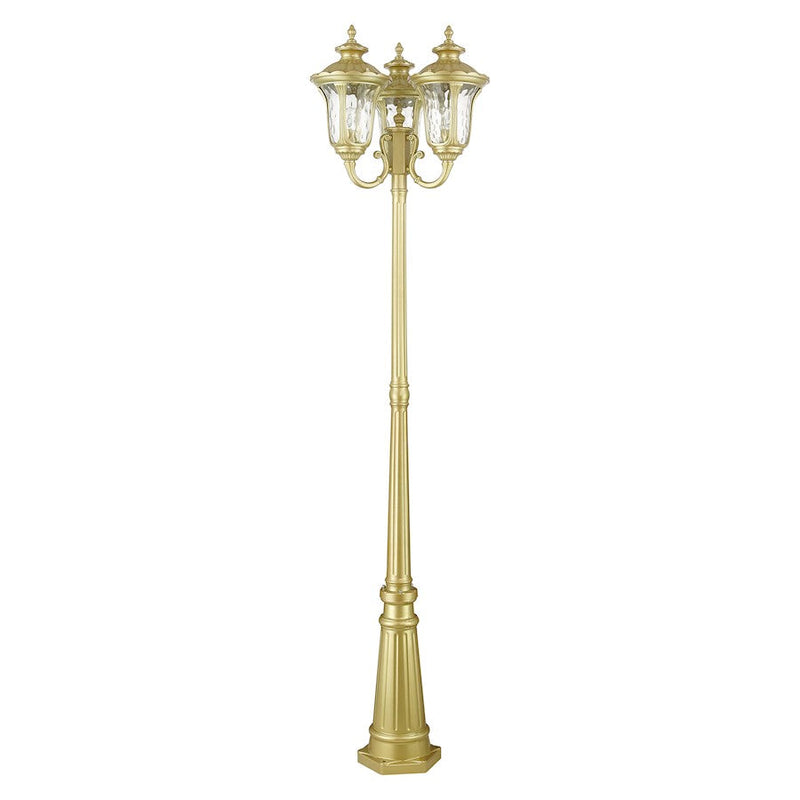 Livex Oxford 3 Lt Outdoor 3-Head Post Lt , Gold/Hand Blown Clear Water