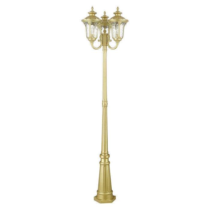 Livex Oxford 3 Lt Outdoor 3-Head Post Lt , Gold/Hand Blown Clear Water