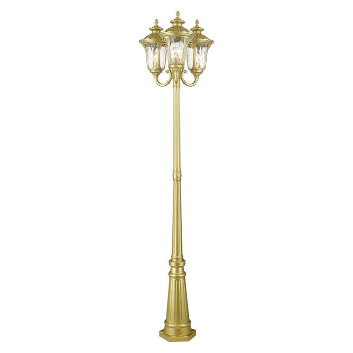 Livex Oxford 3 Lt Outdoor 3-Head Post Lt , Gold/Hand Blown Clear Water