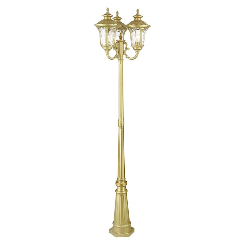 Livex Oxford 3 Lt Outdoor 3-Head Post Lt , Gold/Hand Blown Clear Water