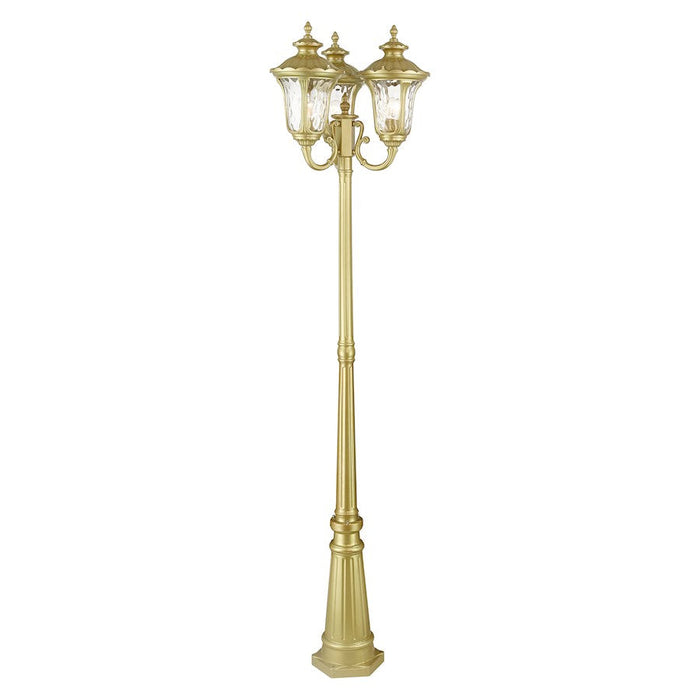 Livex Oxford 3 Lt Outdoor 3-Head Post Lt , Gold/Hand Blown Clear Water