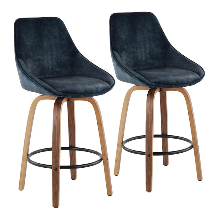 LumiSource Diana Set of 2 Counter Stool, Walnut/Blue/Black - B26-DIANAGRTQWLVBU2