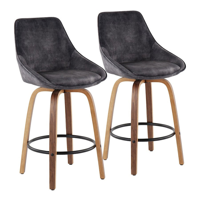 LumiSource Diana Set of 2 Counter Stool, Walnut/Grey/Black - B26-DIANAGRTQWLVGY2