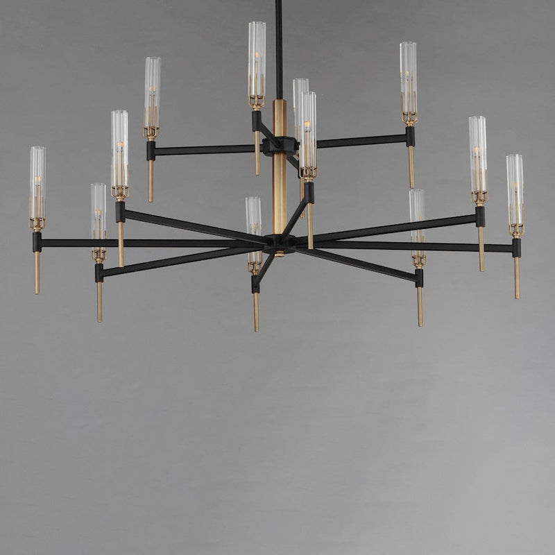 Maxim Flambeau 12 Light, 2 Tier Chandelier, Black/Brass/Clear
