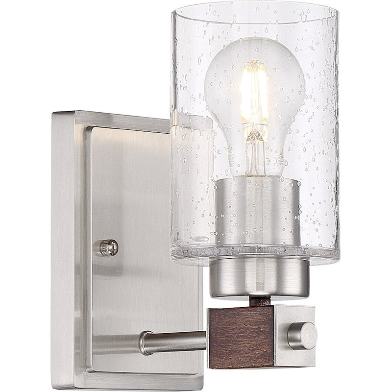 Nuvo Lighting Arabel 1-Light Vanity | Transitional Brushed Nickel and Nutmeg Wood Clear Seeded Glass | Bathroom Vanity Light | 6 x 4 x 9 in | Model 60-6961