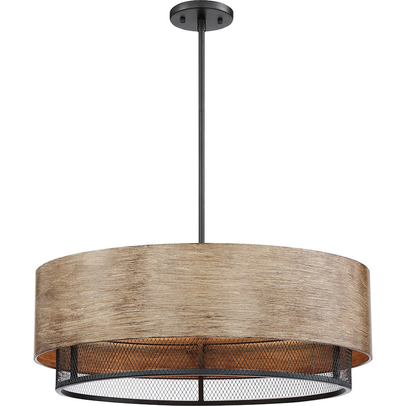Nuvo Lighting Barrique 24in 5-Light Pendant | Industrial Black and Honey Wood | Kitchen Island & Dining Room | 24 x 24 x 9 in | Model 60-6980