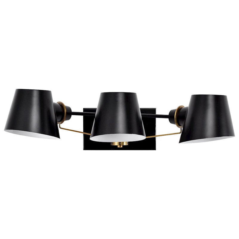 Nuvo Lighting Baxter 24in 3-Light Vanity | Industrial Black and Burnished Brass with White Glass | Bathroom Vanity | 11 x 24 x 6 in | Model 60-7383