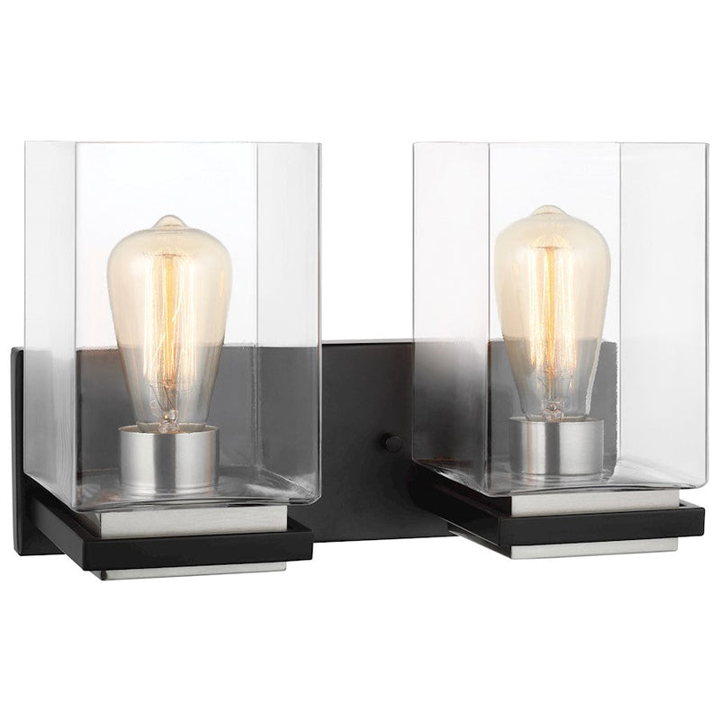 Nuvo Crossroads 14in 2-Light Vanity Light | Contemporary Matte Black and Clear Glass | Bathroom & Powder Room | 6.25 x 14.12 x 9 in | Model 60-7652