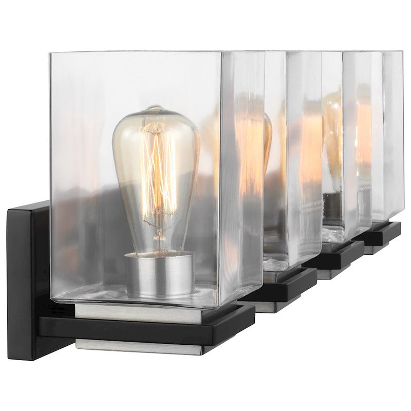 Nuvo Crossroads 32in 4-Light Vanity Light | Contemporary Matte Black and Clear Glass | Bathroom & Powder Room | 6 x 32 x 9 in | Model 60-7654
