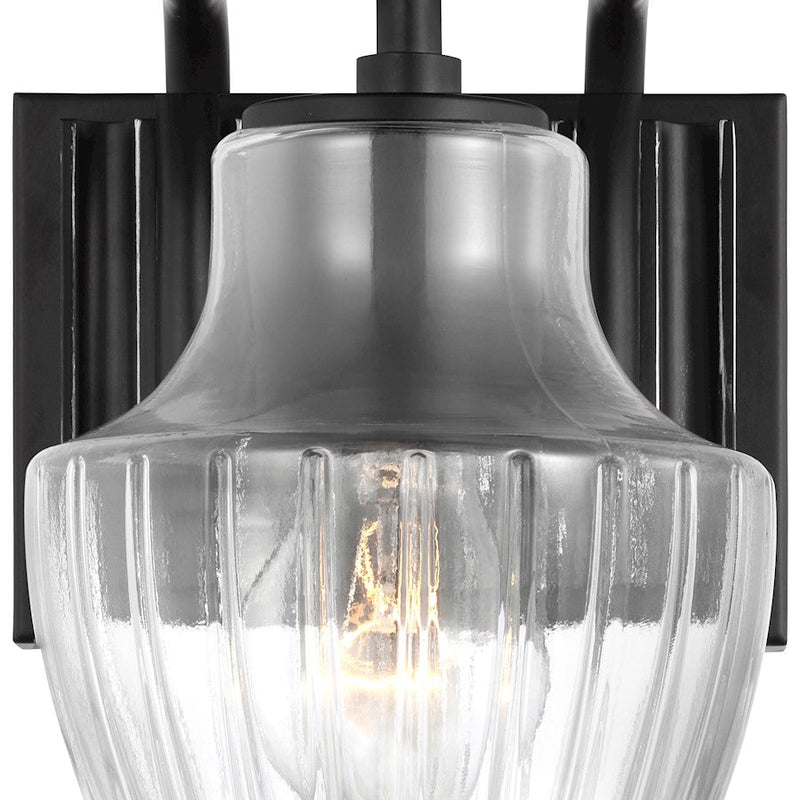 Nuvo Lighting Destin 1-Light Wall Sconce | Contemporary Black Steel with Silver Accents and Clear Ribbed Glass | Bathroom Vanity & Hallway | Model 60-7701