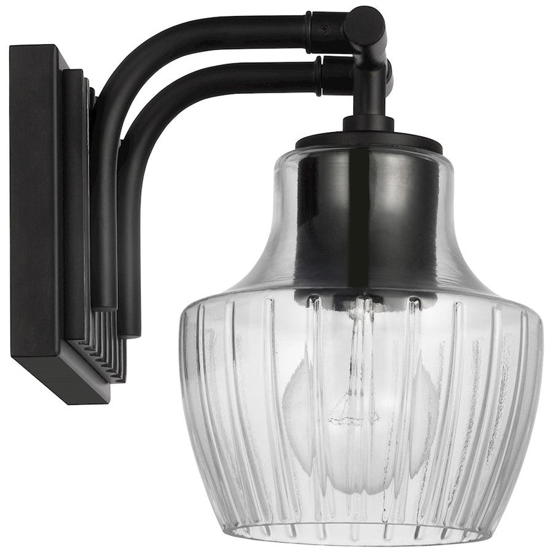 Nuvo Lighting Destin 1-Light Wall Sconce | Contemporary Black Steel with Silver Accents and Clear Ribbed Glass | Bathroom Vanity & Hallway | Model 60-7701