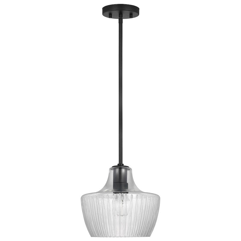 Nuvo Lighting Destin 10in 1-Light Mini Pendant | Contemporary Black Silver and Clear Ribbed Glass | Kitchen Island & Dining Room | 10 x 10 | Model 60-7706