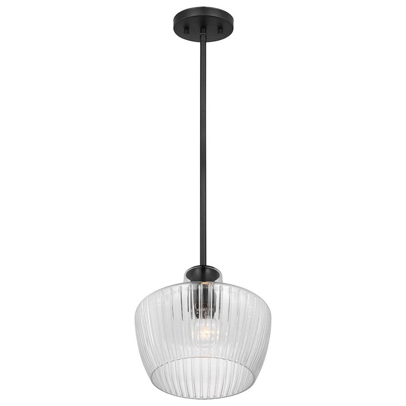 Nuvo Lighting Destin 10in 1-Light Mini Pendant | Contemporary Black Silver and Clear Ribbed Glass | Kitchen Island & Dining Room | 10 x 10 | Model 60-7706