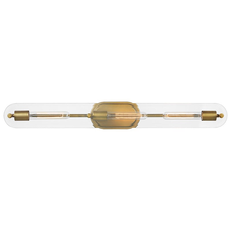 Nuvo Lighting Teton 34in 3-Light Vanity Light | Contemporary Natural Brass and Clear Beveled Glass | Bathroom Vanity | 4.375 x 34 x 4.875 | Model 60-7713
