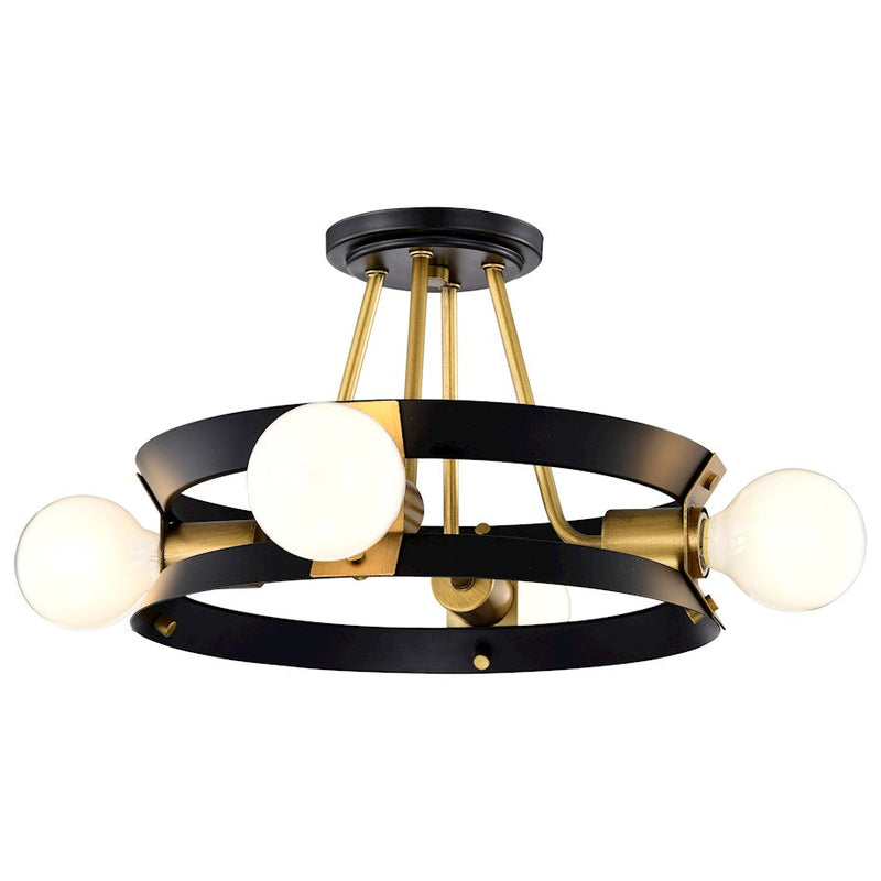 Nuvo Lighting Marsden 13in 4-Light Semi-Flush Mount | Contemporary Matte Black Steel and Natural Brass Accents | Foyer, Hallway & Bedroom | Model 60-7866