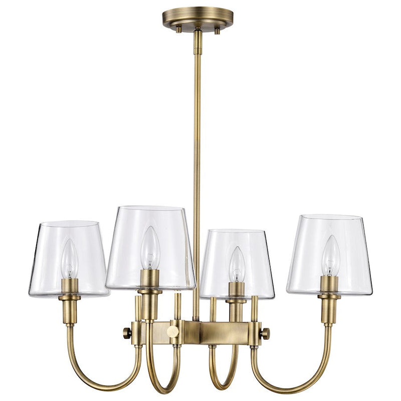Nuvo Brookside 24in 4-Light Chandelier | Traditional Vintage Brass Steel and Clear Glass | Dining Room & Living Room | 24 x 24 x 49 in | Model 60-7885
