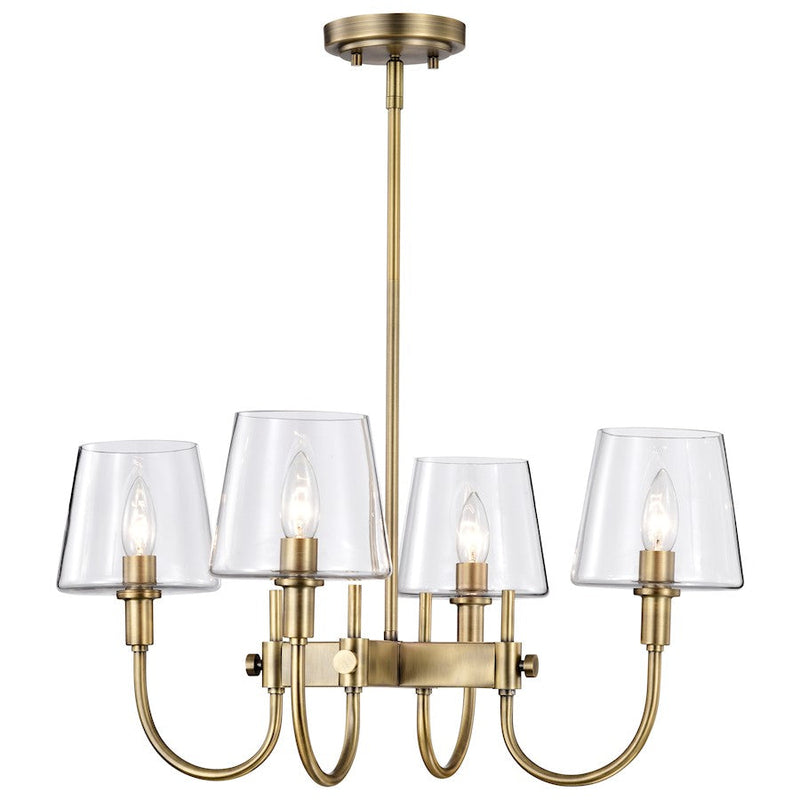 Nuvo Brookside 24in 4-Light Chandelier | Traditional Vintage Brass Steel and Clear Glass | Dining Room & Living Room | 24 x 24 x 49 in | Model 60-7885
