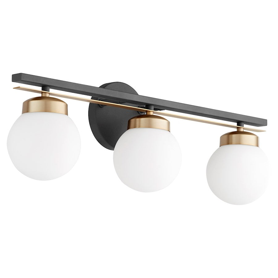 Quorum Nius 3 Light Vanity, Noir/Aged Brass/Satin Opal 506-3-6980