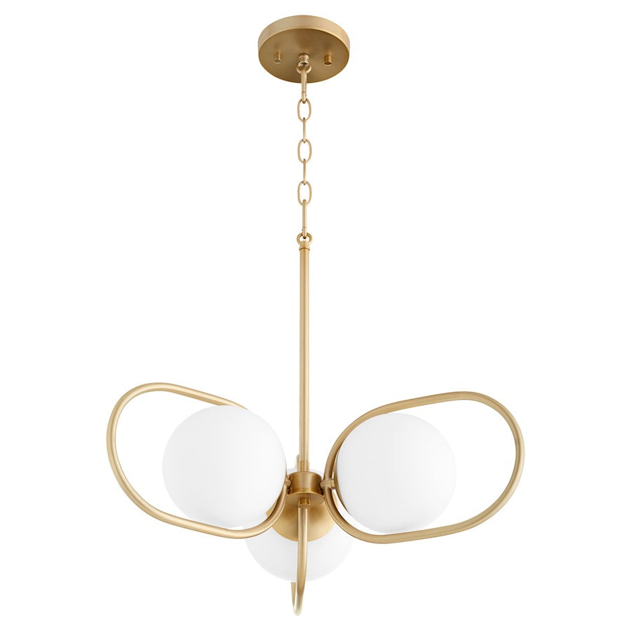 Quorum Belmont 3 Light Chandelier, Aged Brass/Satin Opal 6137-3-80