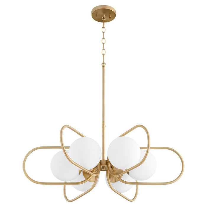 Quorum Belmont 6 Light Chandelier, Aged Brass/Satin Opal 6137-6-80