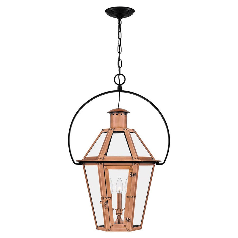 Quoizel Burdett 3 Light Pendant, Aged Copper/Clear Tempered