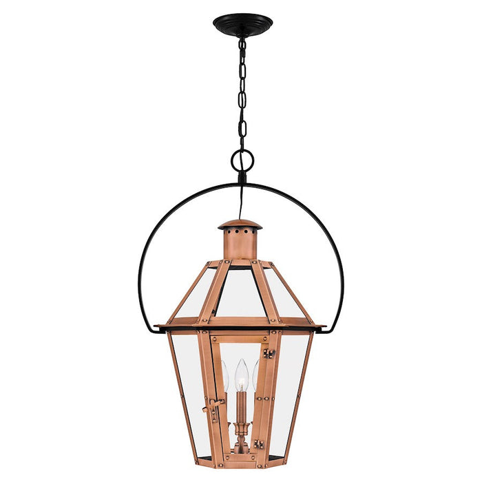 Quoizel Burdett 3 Light Pendant, Aged Copper/Clear Tempered