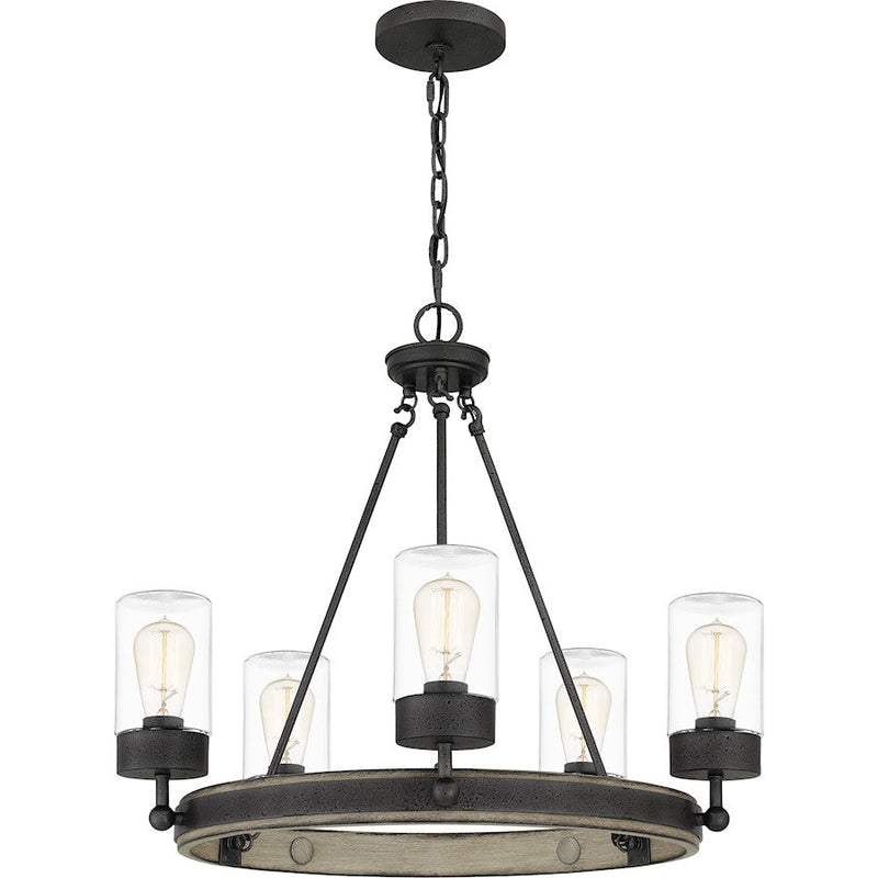 Quoizel Kelleher 5 Light Chandelier, Distressed Iron/Clear